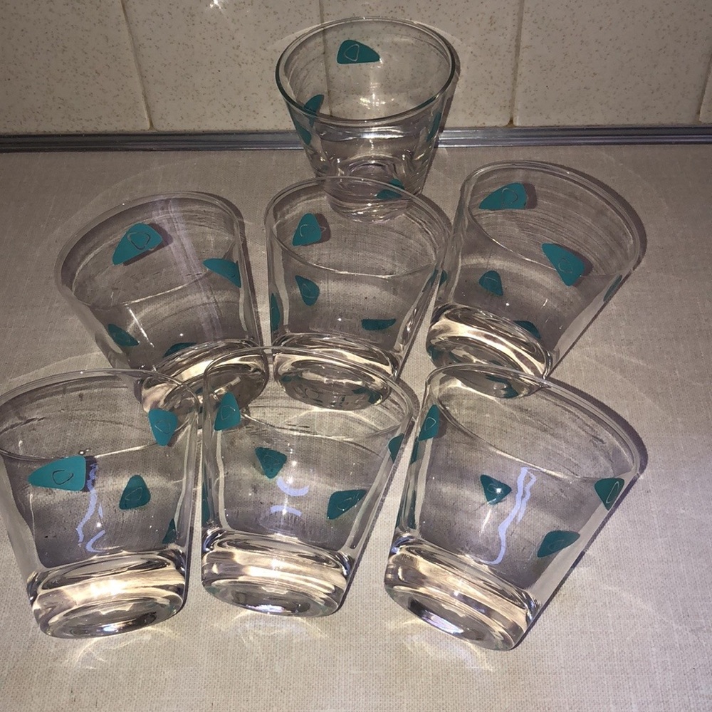 Vintage Federal Amoeba Atomic Boomerang Turquoise‎ Cocktail Glasses Set Lot (7)